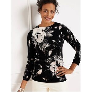 Talbots Audrey Rosey Bouquet Pure Cashmere‎ Sweater Petite Black Floral Size SP